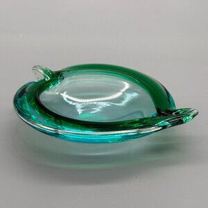 Vintage Apple Shaped Green Art Glass Ashtray With Sculpted Rim And Smooth Round